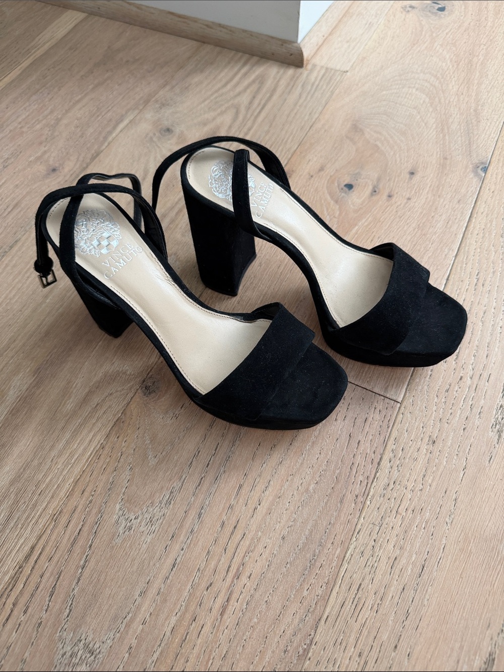 Vince Camuto Black Suede Block Heel Sandals